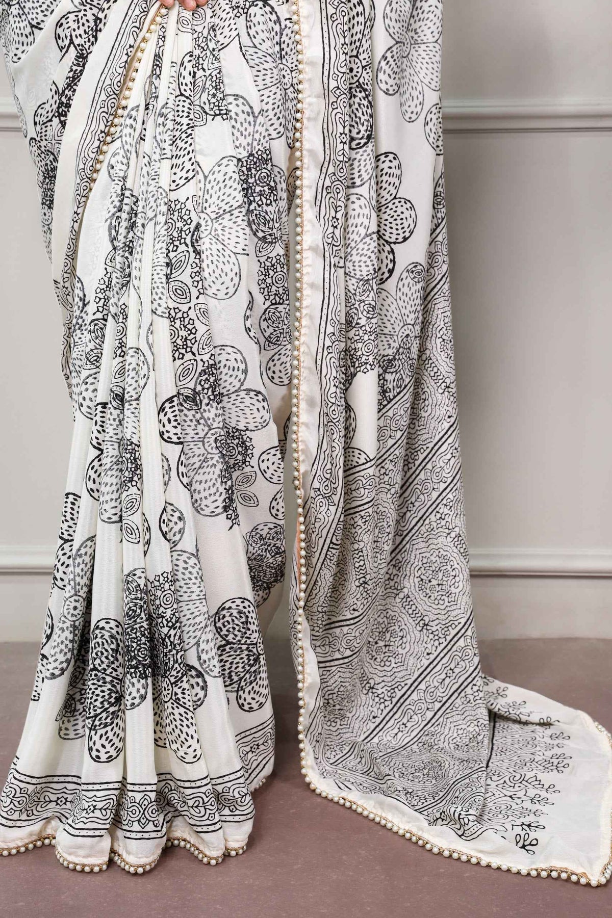 Black Pure Soft Satin Silk Printed Saree