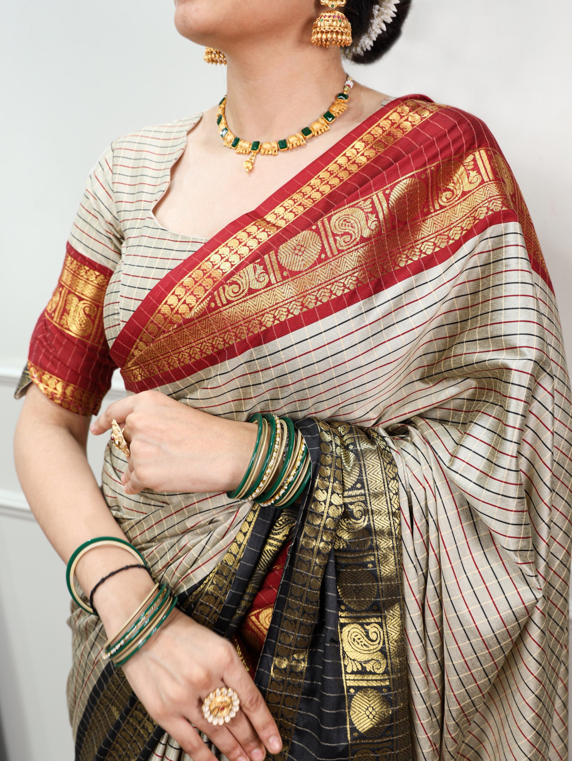 Black Pure Soft Silk with Sophisticated Checks Pattern South India Saree