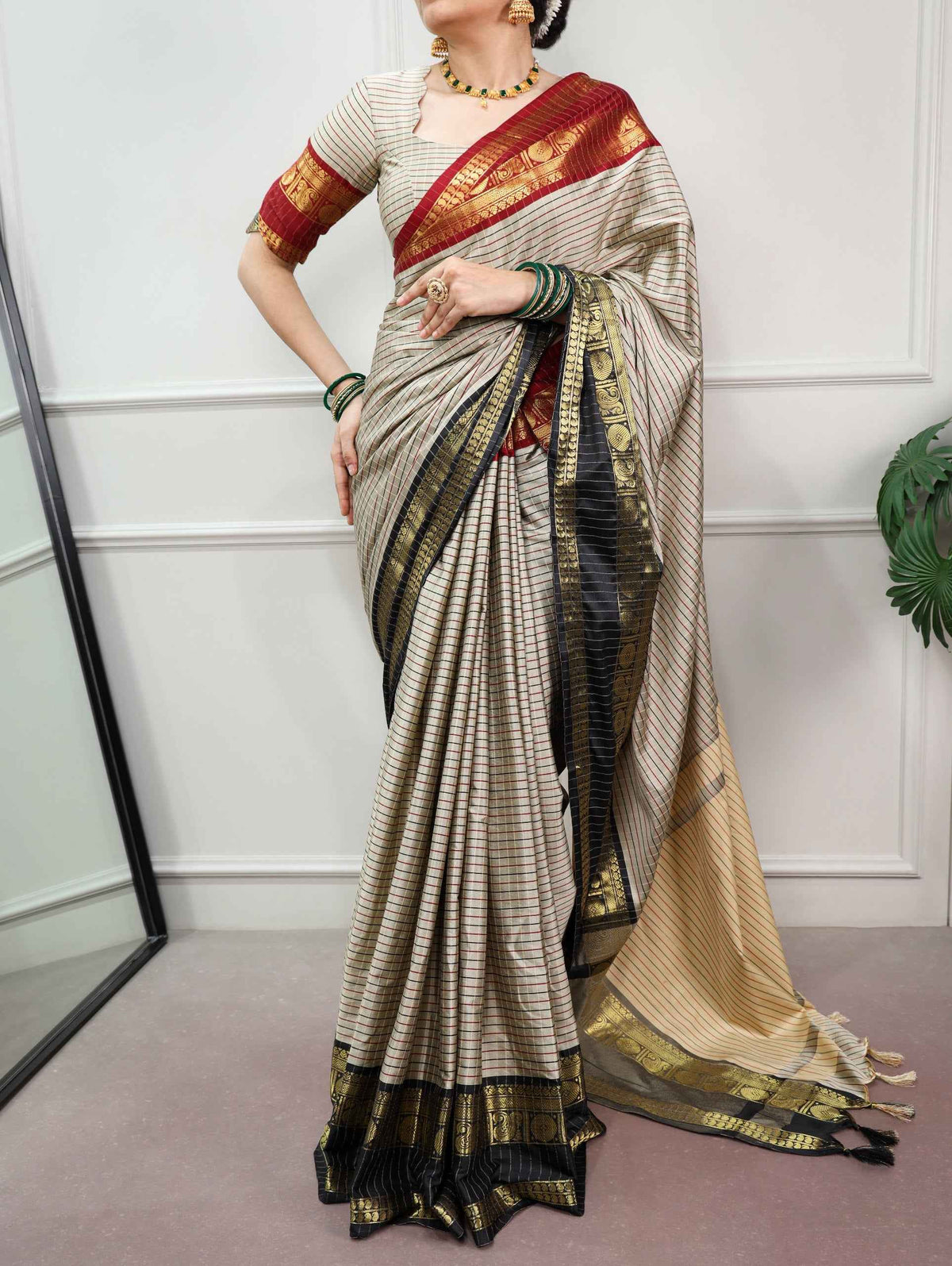Black Pure Soft Silk with Sophisticated Checks Pattern South India Saree