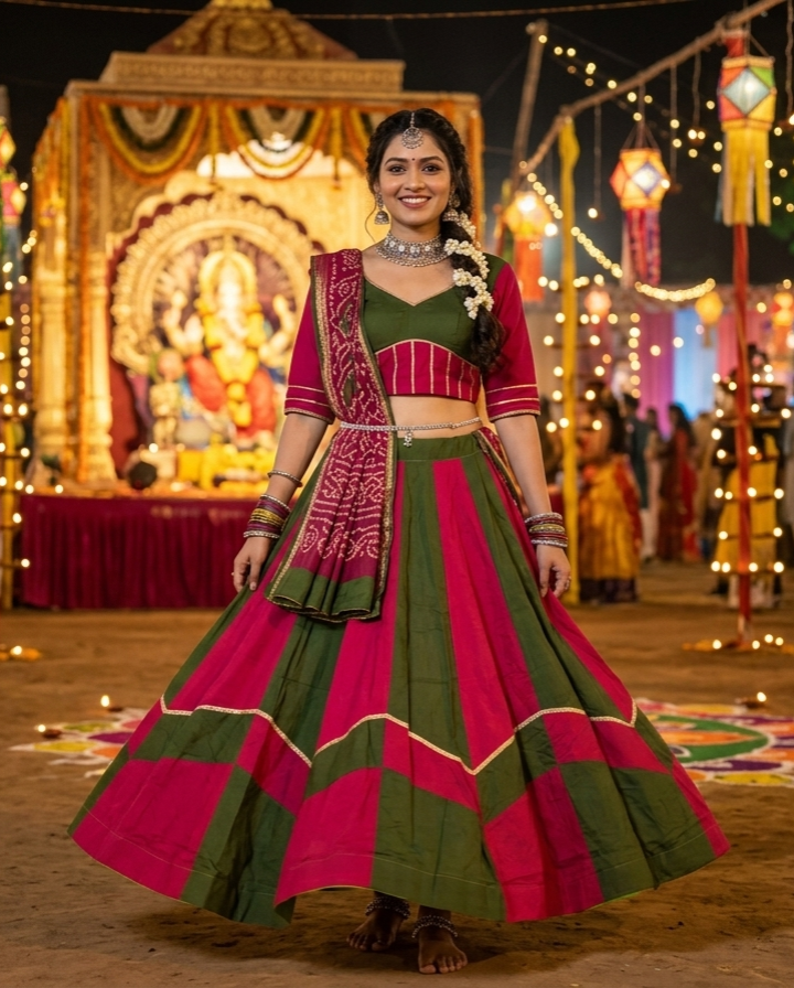 Rani Pure Roman Silk 06 Mtr Flair Double Colour Shade Navratri Lehenga Choli