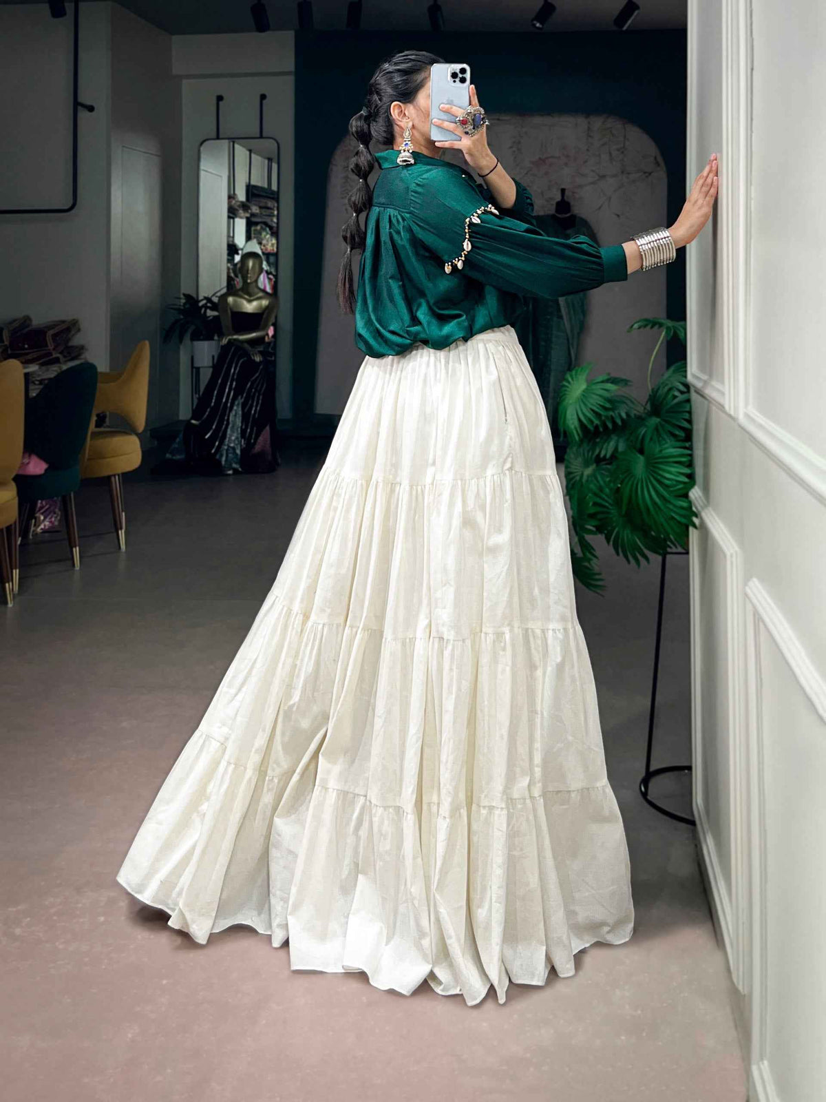 Green Pure Reyon Cotton Kutchi Gamthi Work Navratri Lehenga Choli