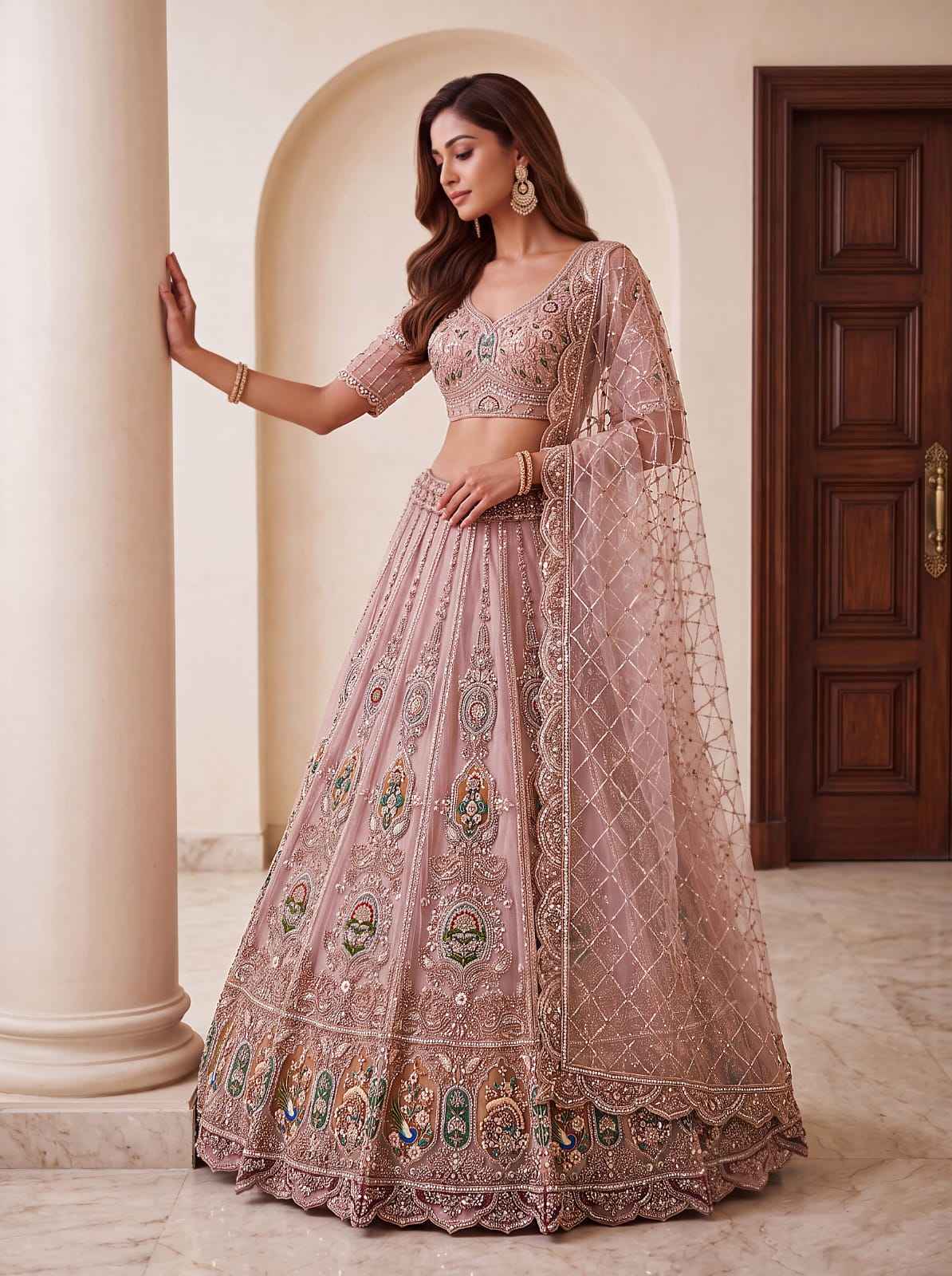 Pink Pure Heavy Net Motif Handwork Zari Sequins Work Bridal Lehenga Choli