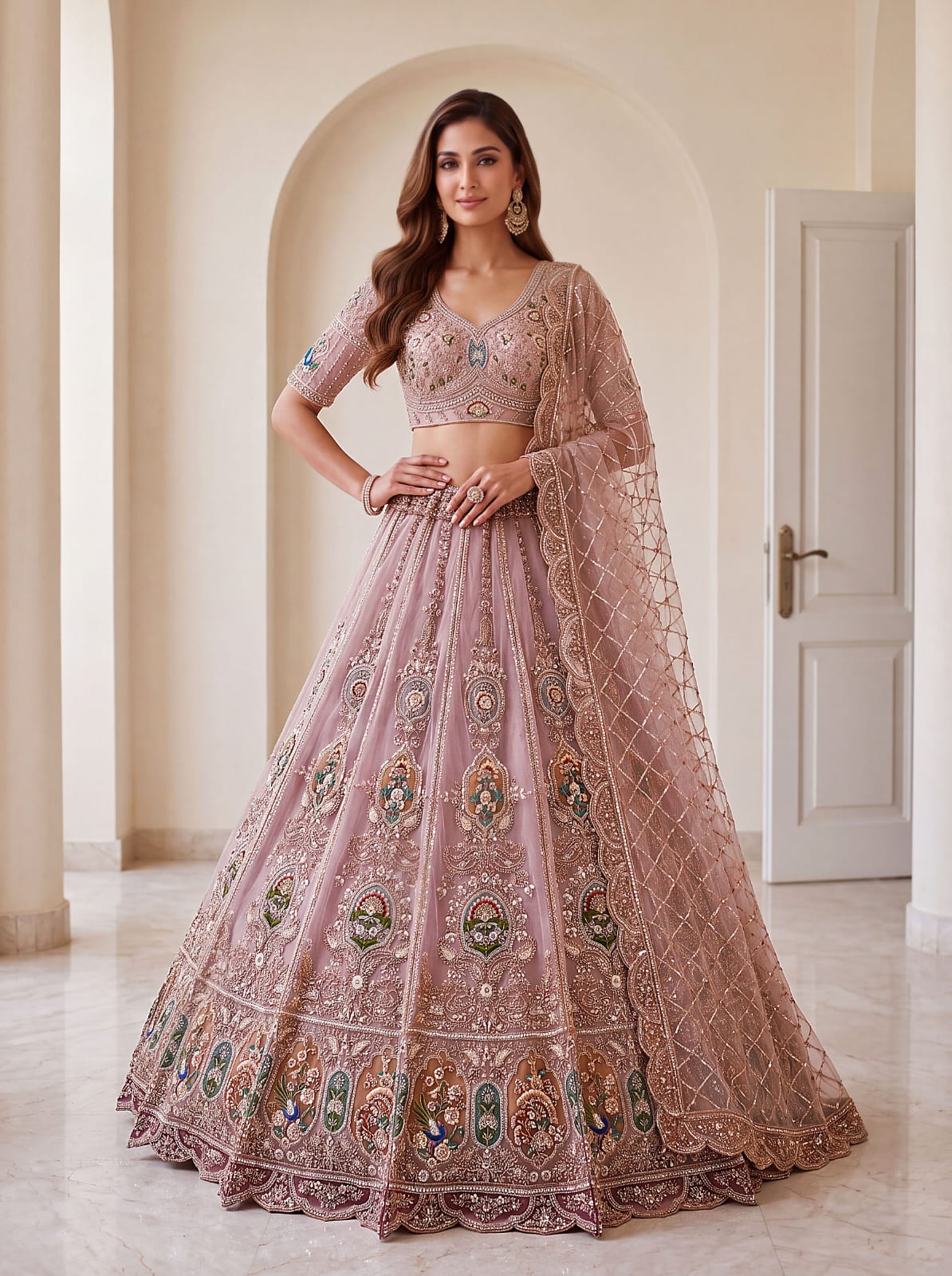 Pink Pure Heavy Net Motif Handwork Zari Sequins Work Bridal Lehenga Choli