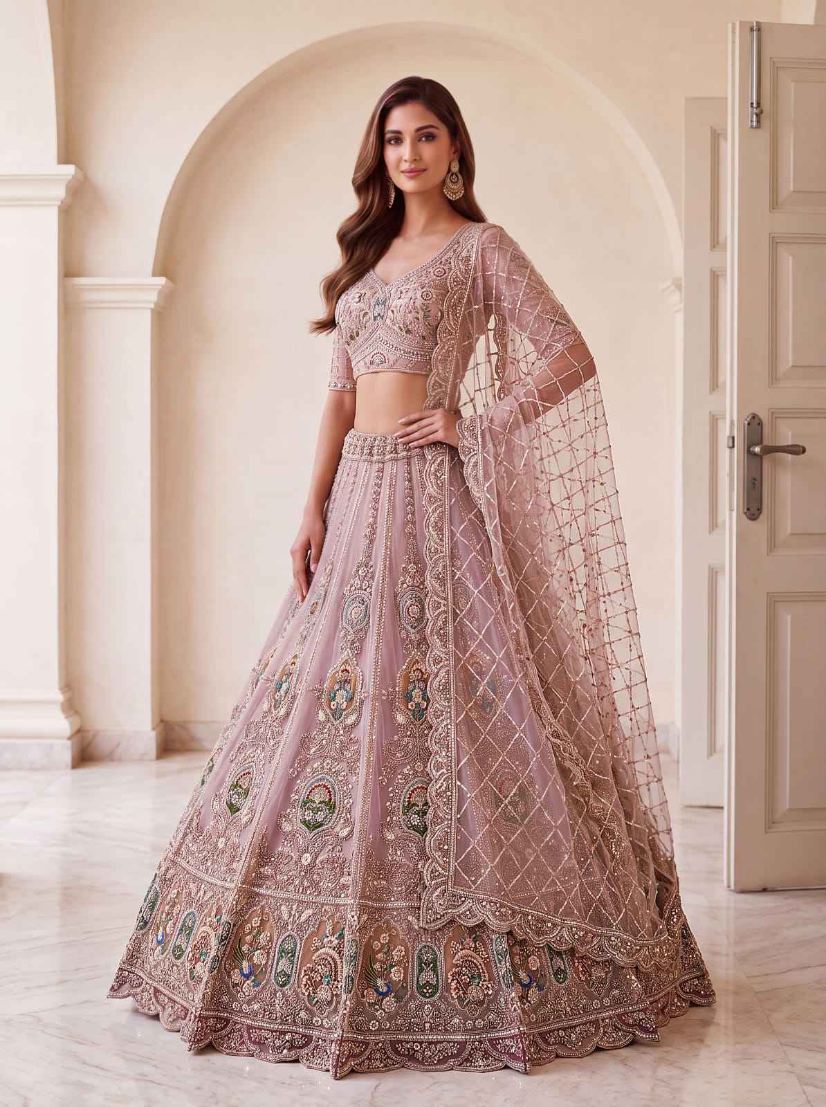 Pink Pure Heavy Net Motif Handwork Zari Sequins Work Bridal Lehenga Choli
