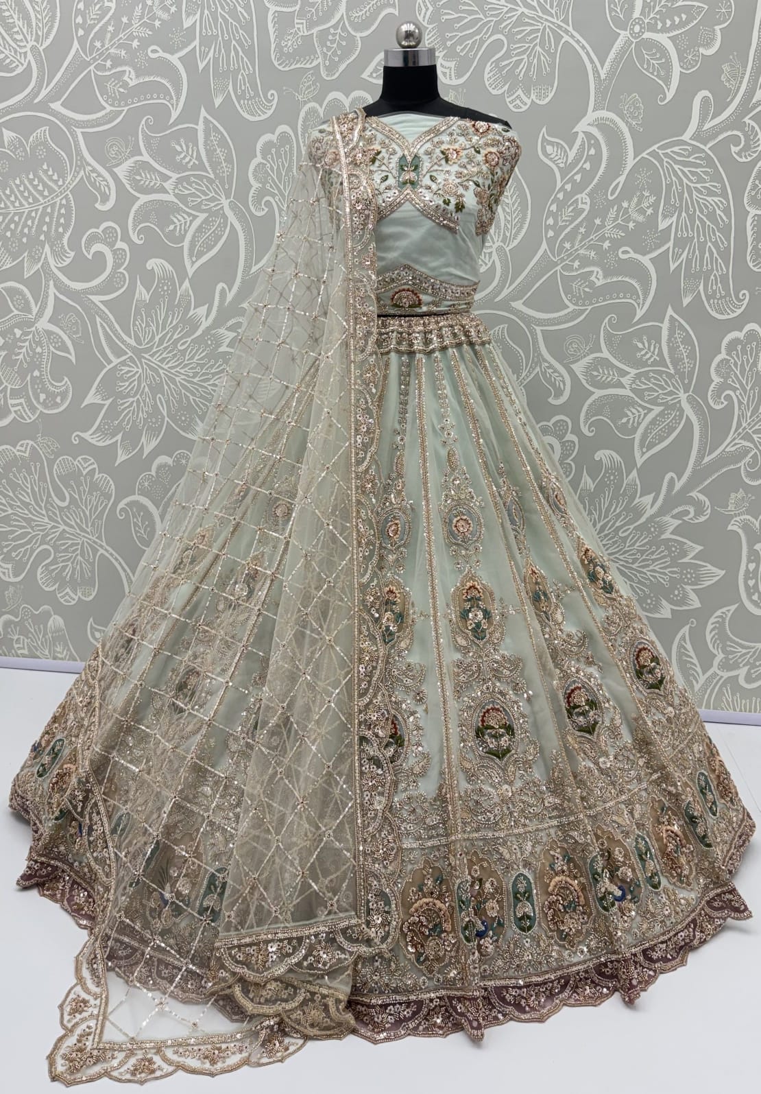 Sky Pure Heavy Net Motif Handwork Zari Sequins Work Bridal Lehenga Choli