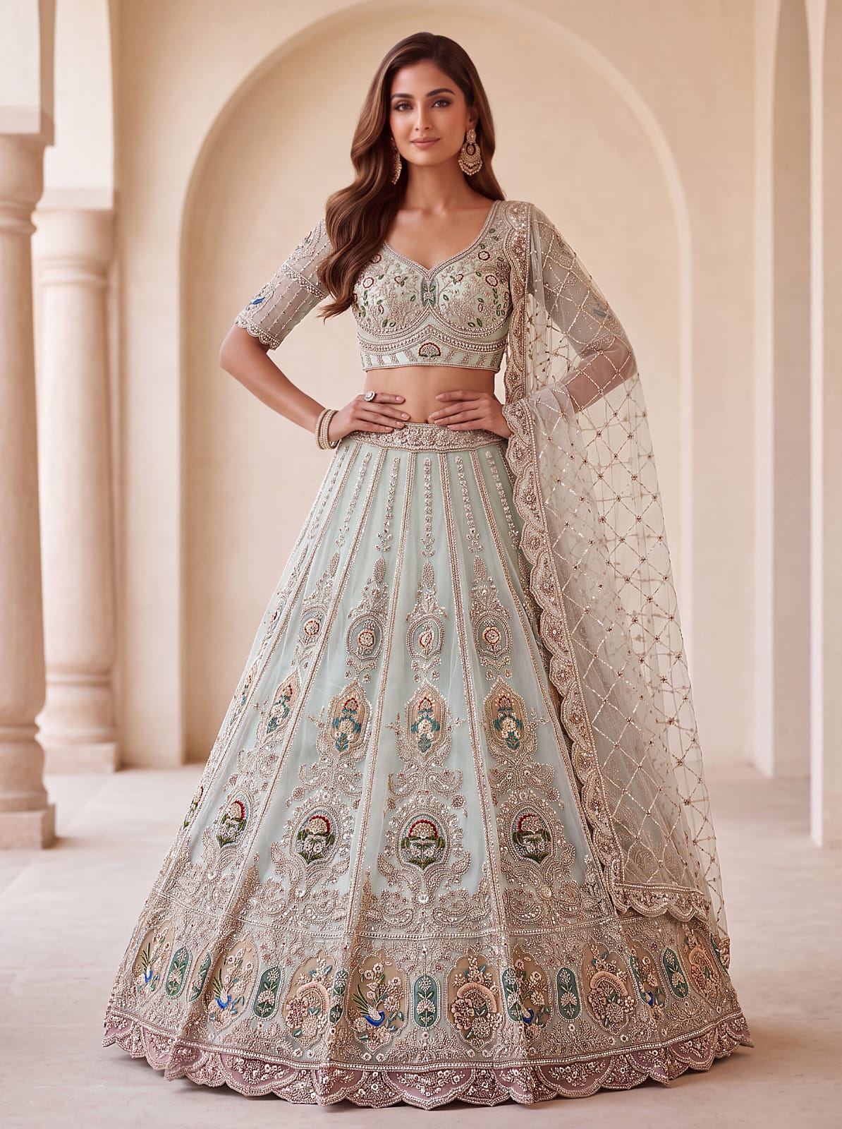 Sky Pure Heavy Net Motif Handwork Zari Sequins Work Bridal Lehenga Choli