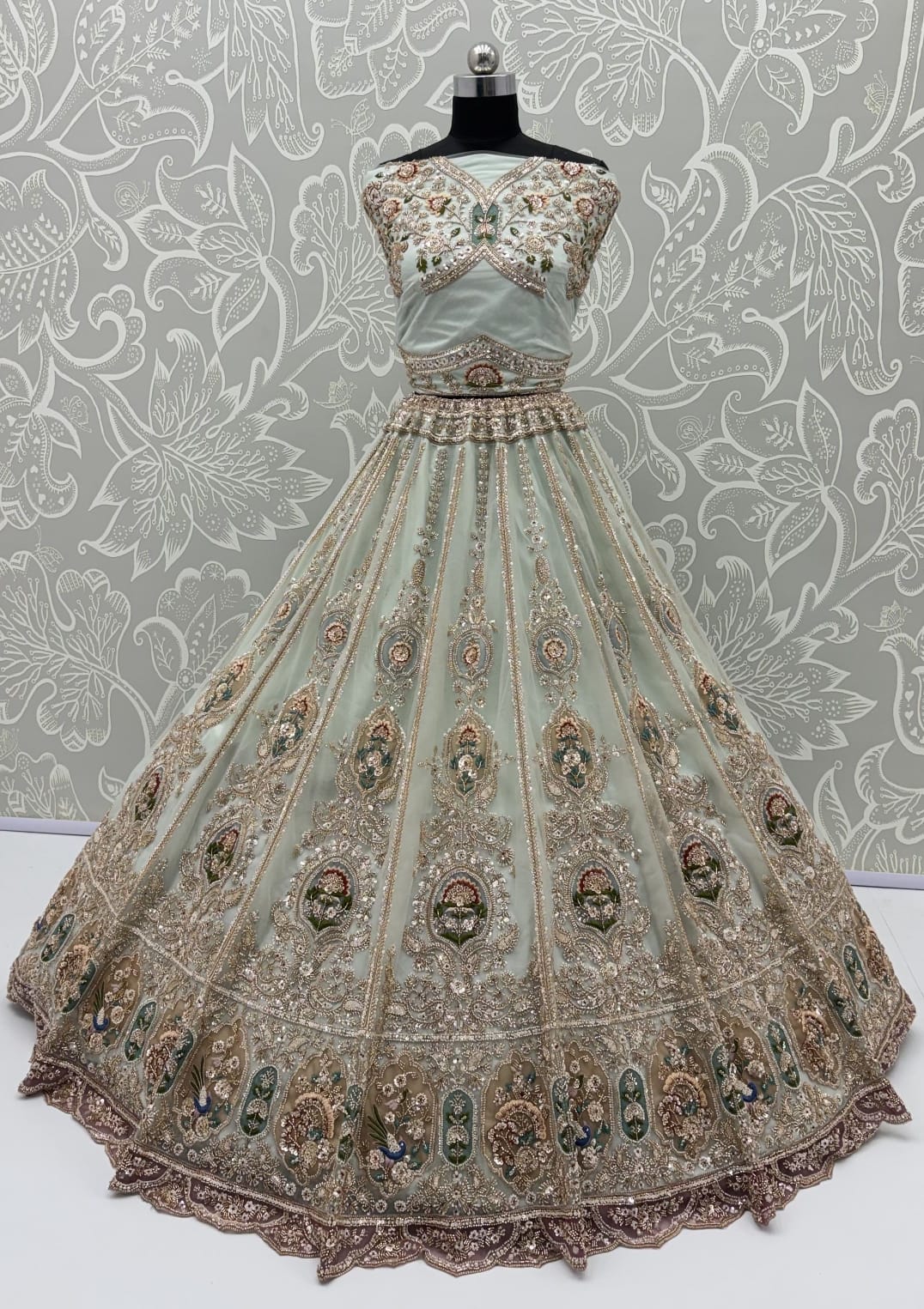 Sky Pure Heavy Net Motif Handwork Zari Sequins Work Bridal Lehenga Choli
