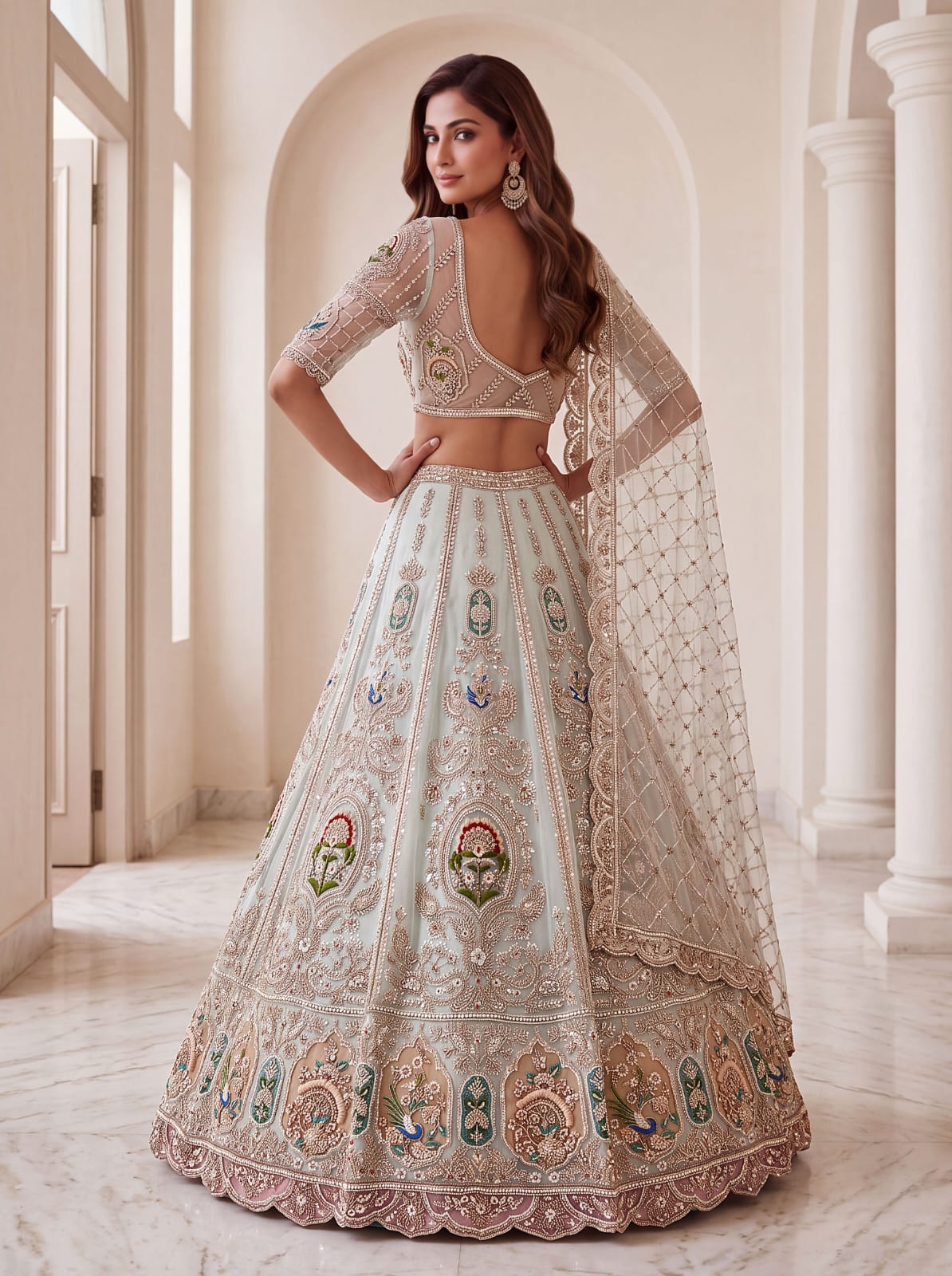 Sky Pure Heavy Net Motif Handwork Zari Sequins Work Bridal Lehenga Choli