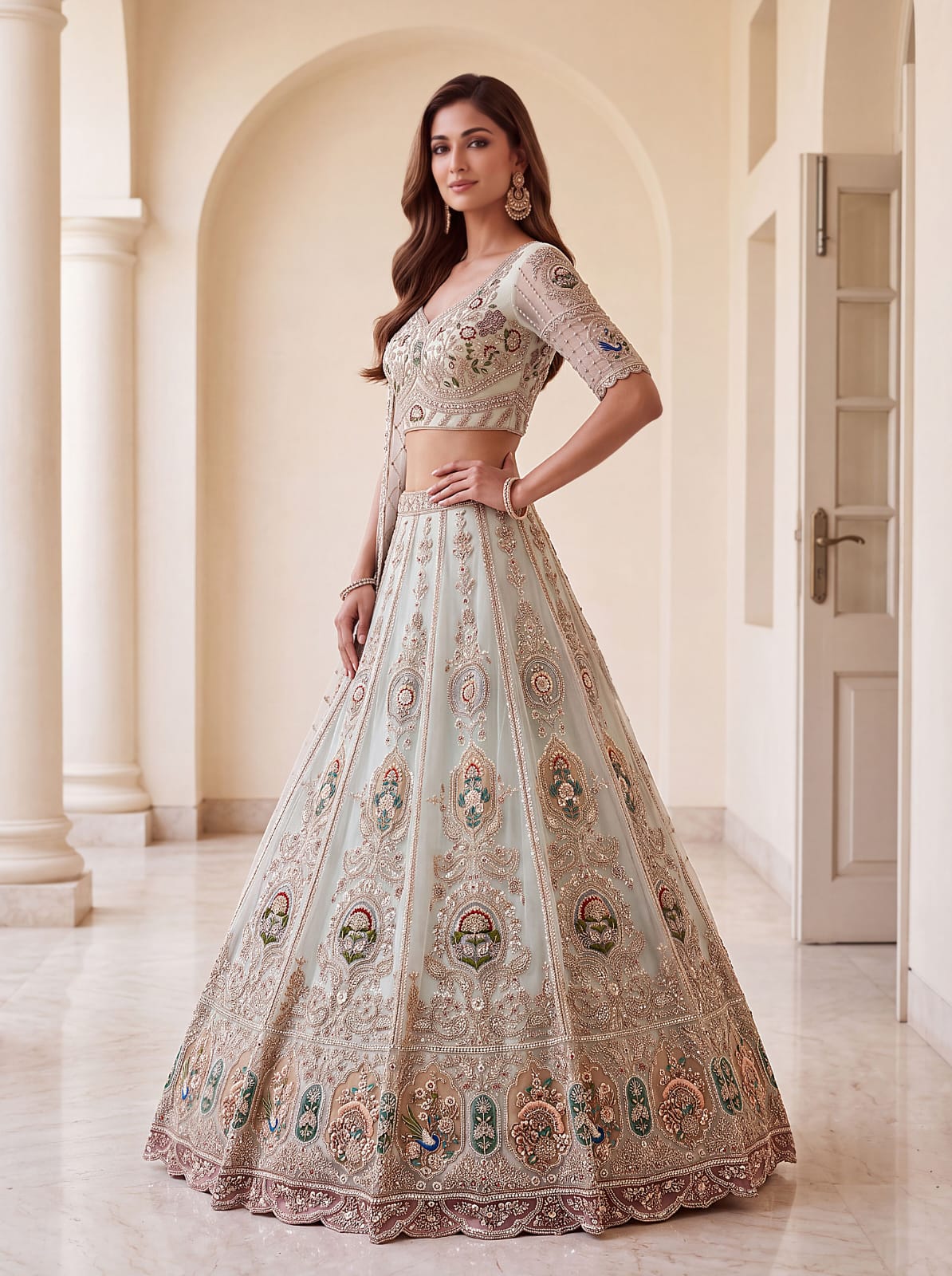 Sky Pure Heavy Net Motif Handwork Zari Sequins Work Bridal Lehenga Choli