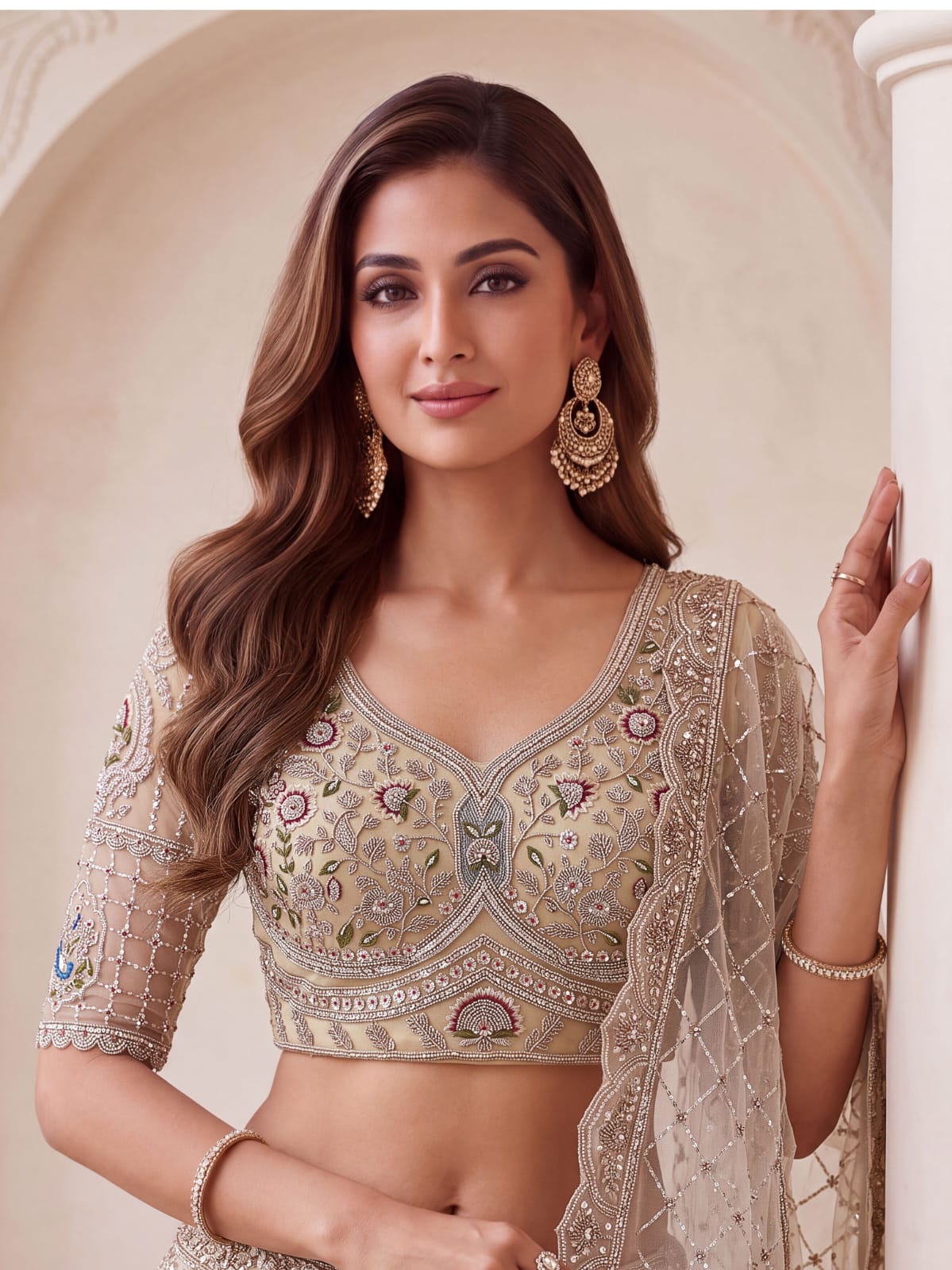 Cream Pure Heavy Net Motif Handwork Zari Sequins Work Bridal Lehenga Choli
