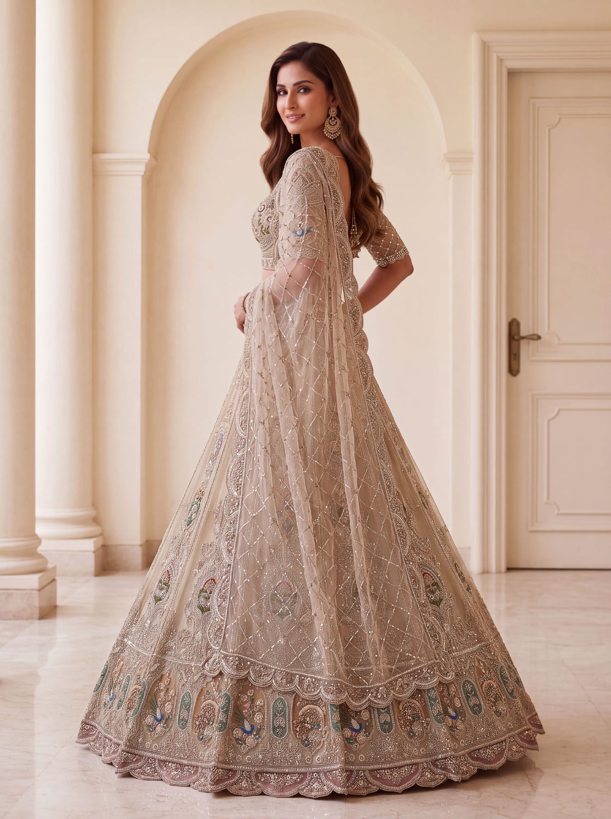 Cream Pure Heavy Net Motif Handwork Zari Sequins Work Bridal Lehenga Choli
