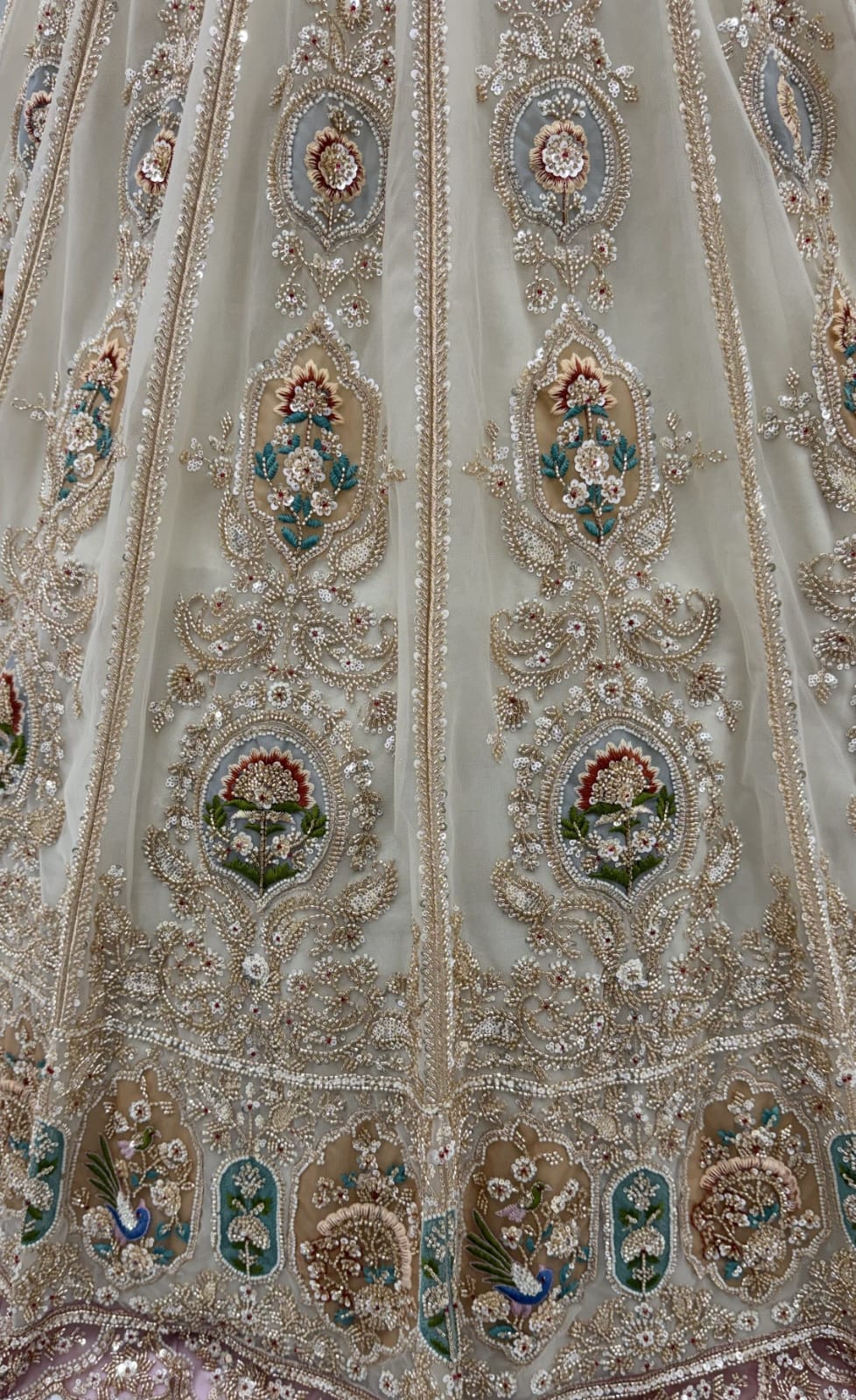 Cream Pure Heavy Net Motif Handwork Zari Sequins Work Bridal Lehenga Choli