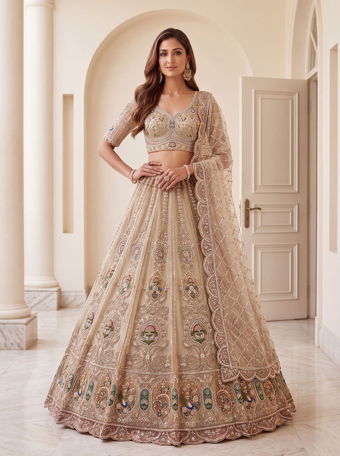 Cream Pure Heavy Net Motif Handwork Zari Sequins Work Bridal Lehenga Choli