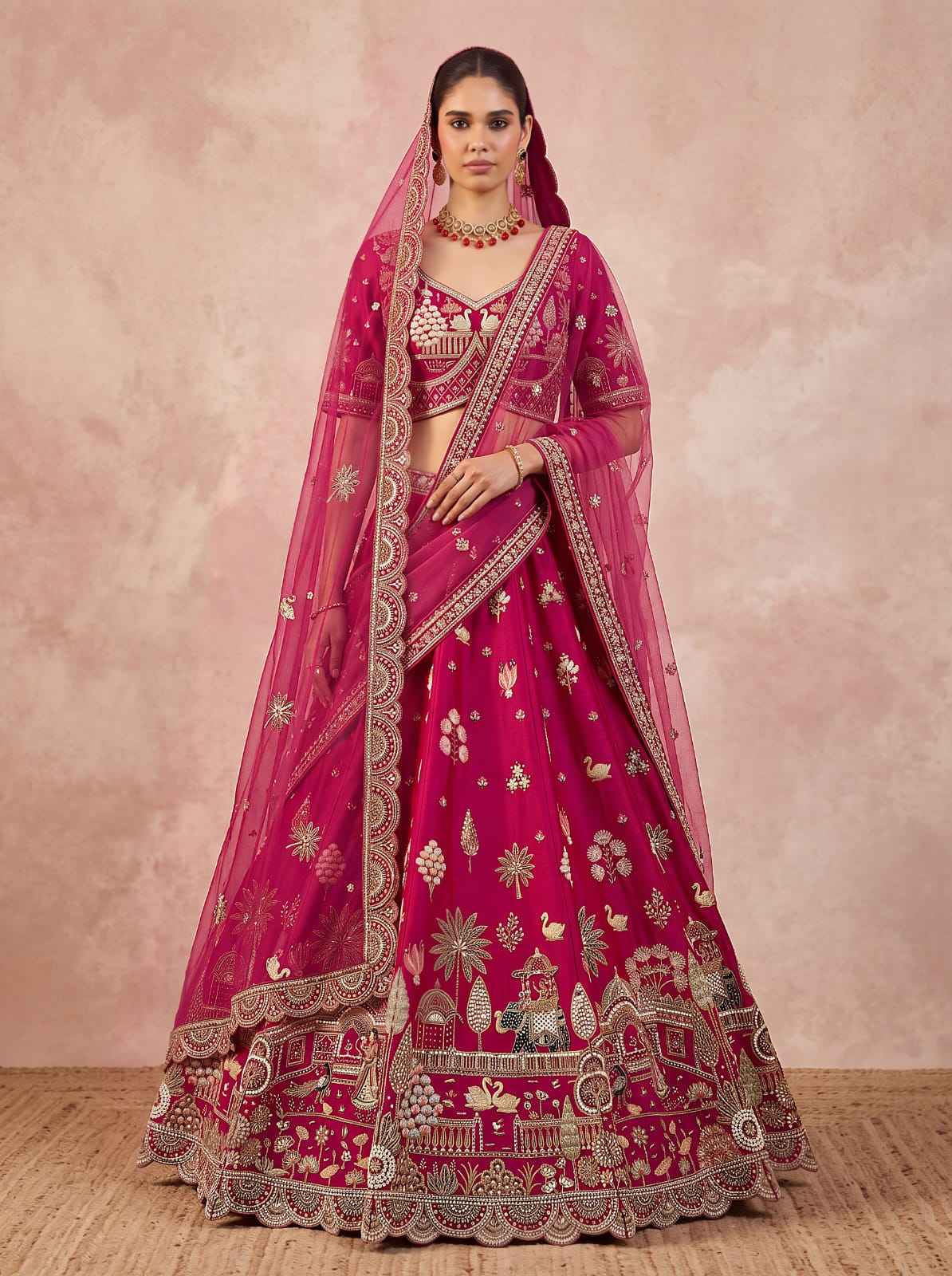 Red Pure Sub Silk Premium Heavy Beads & Motif Dori Embroidery Zari Sequins Hand Work Bridal Lehenga Choli