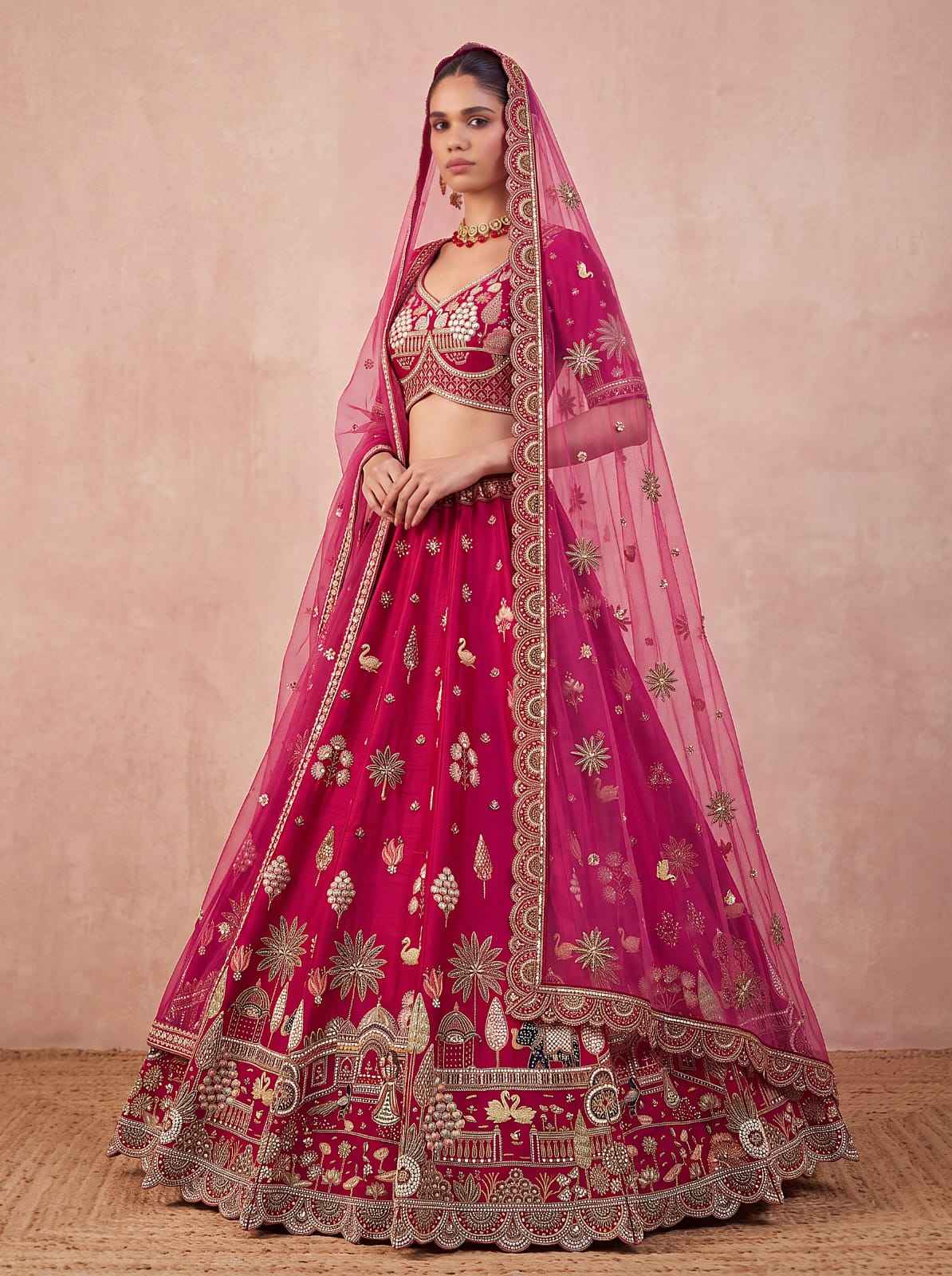 Red Pure Sub Silk Premium Heavy Beads & Motif Dori Embroidery Zari Sequins Hand Work Bridal Lehenga Choli