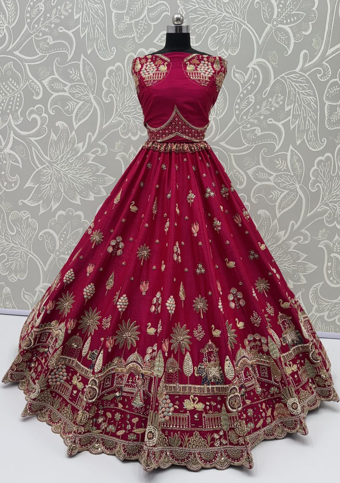 Red Pure Sub Silk Premium Heavy Beads & Motif Dori Embroidery Zari Sequins Hand Work Bridal Lehenga Choli