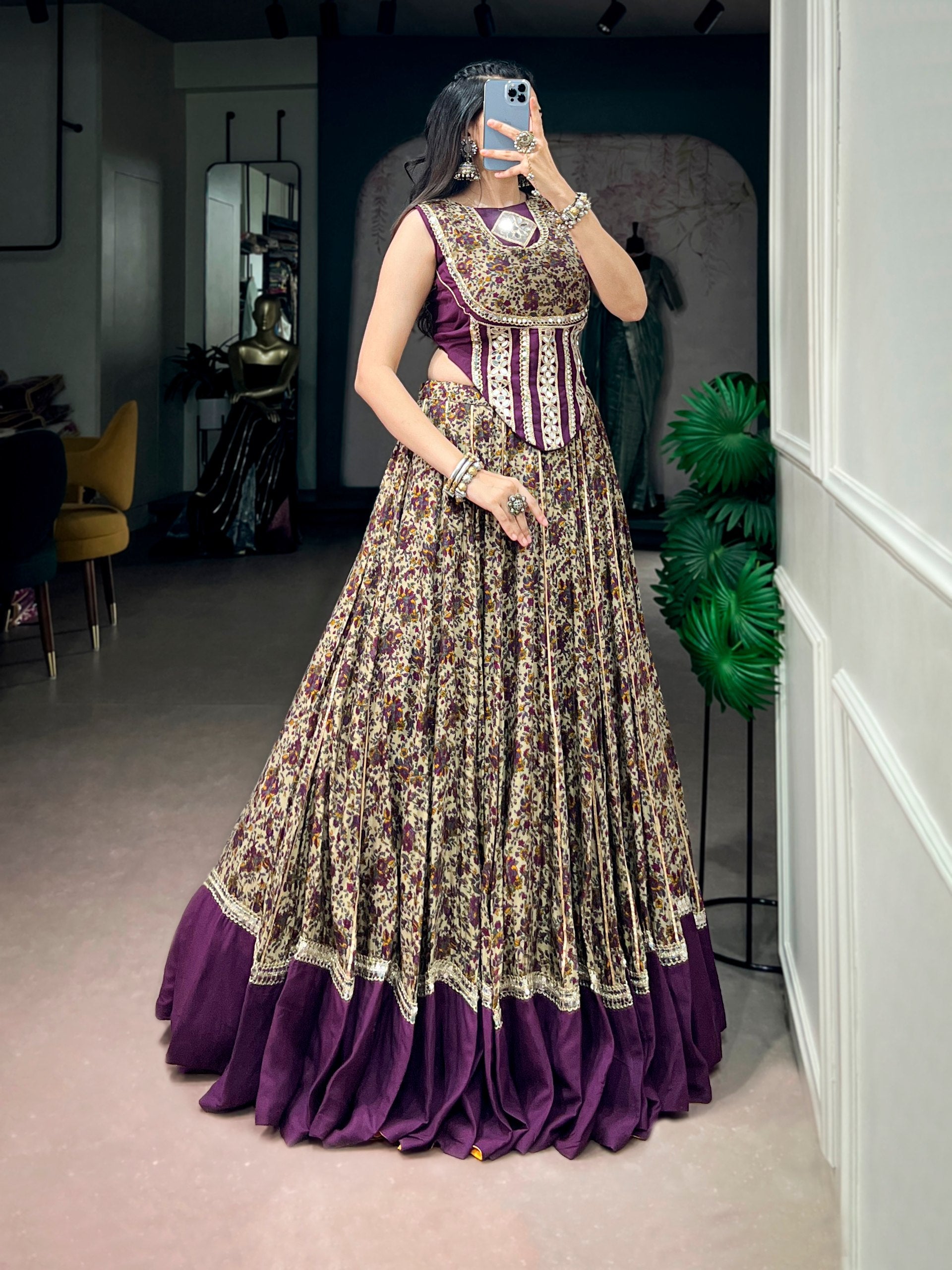 Purple Pure Polyester Viscose Chanderi Cotton Thread Mirror Lace Work Navratri Gown