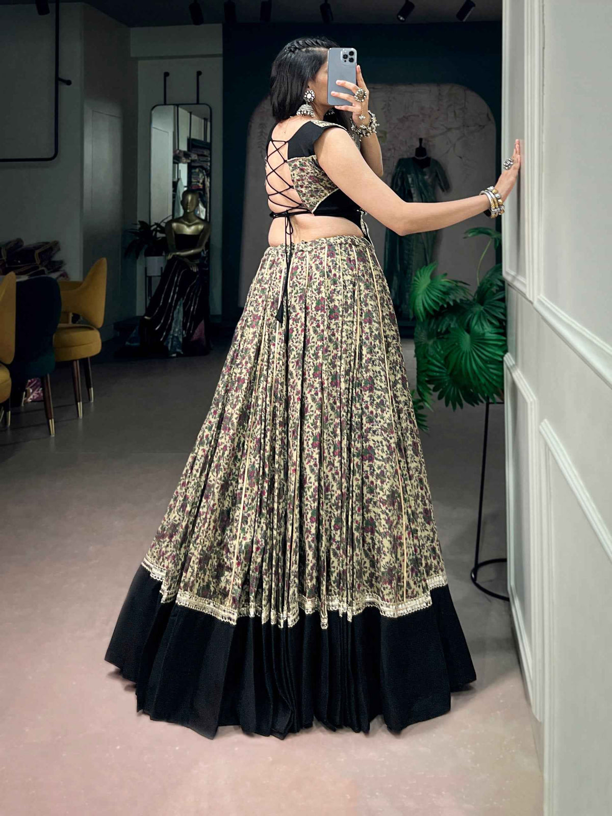 Black Pure Polyester Viscose Chanderi Cotton Thread Mirror Lace Work Navratri Gown