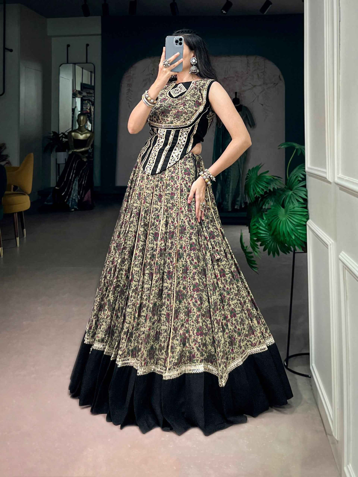 Black Pure Polyester Viscose Chanderi Cotton Thread Mirror Lace Work Navratri Gown