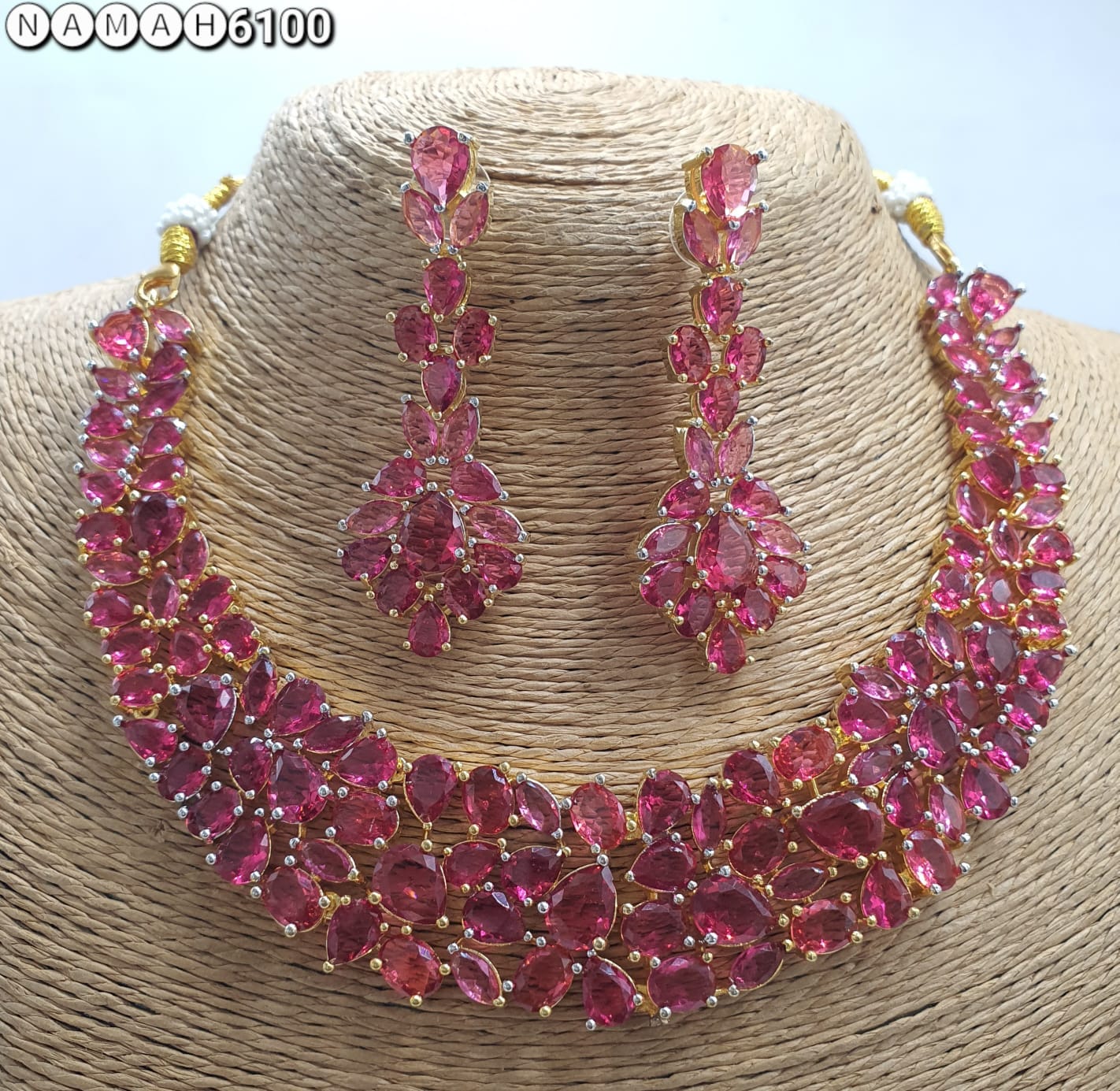 Red American Diamond Necklace Jewellery Set