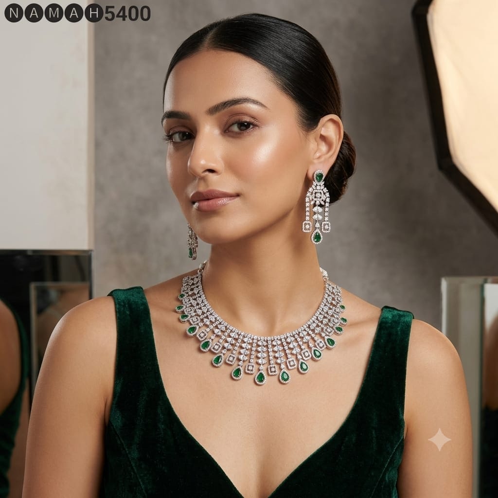 White & Green American Diamond Necklace Jewellery Set