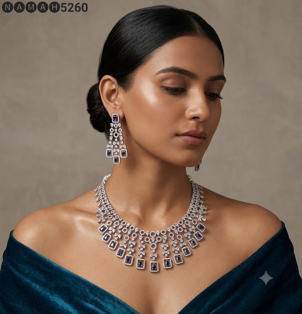 White & Blue American Diamond Necklace Jewellery Set
