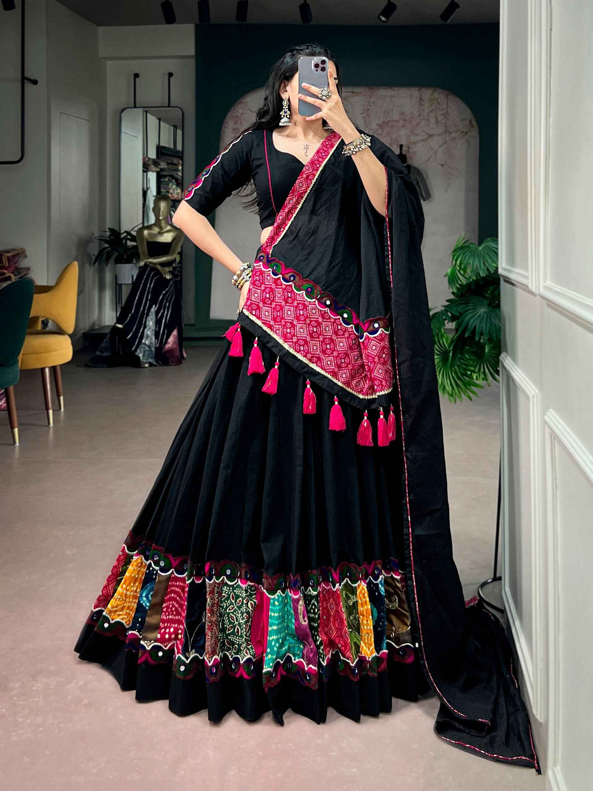 Black Pure Rayon Ajrakh Printed Navratri Lehenga Choli