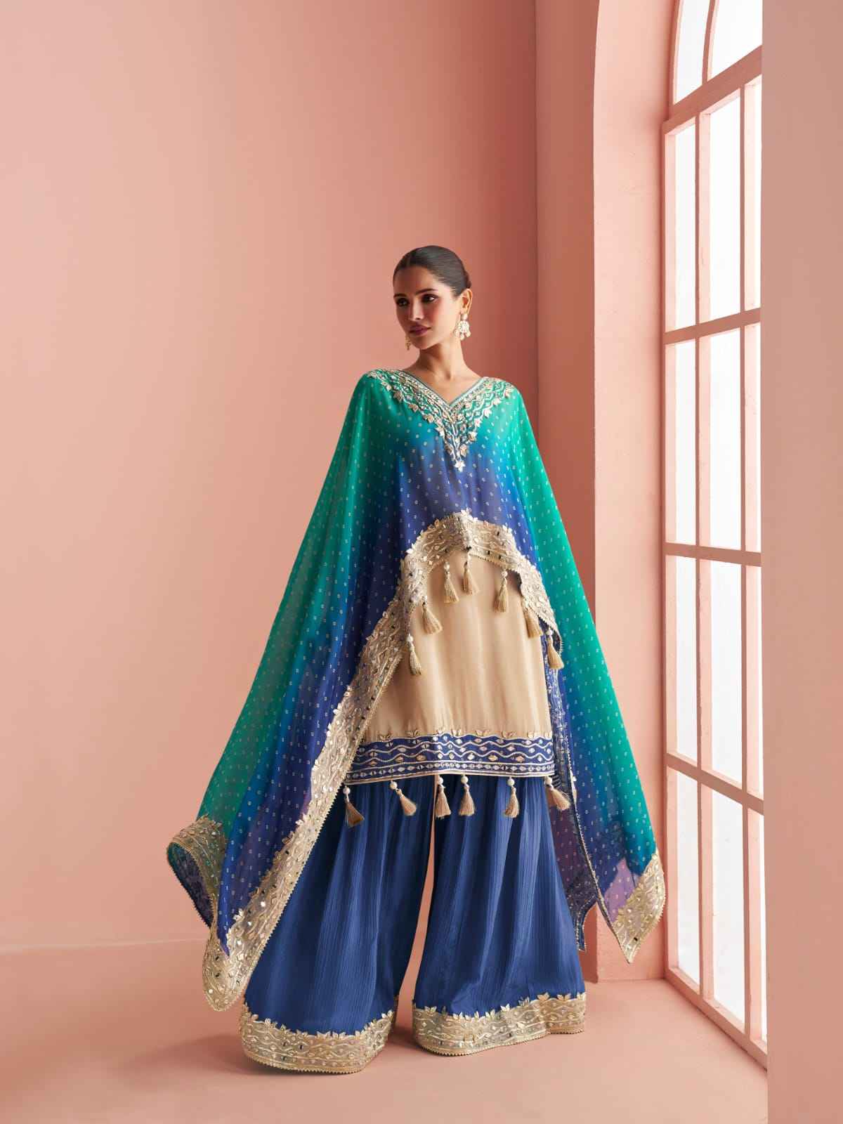 Teal Blue & Navy Blue Sharara Suit with Pauncho Style Top & Dupatta