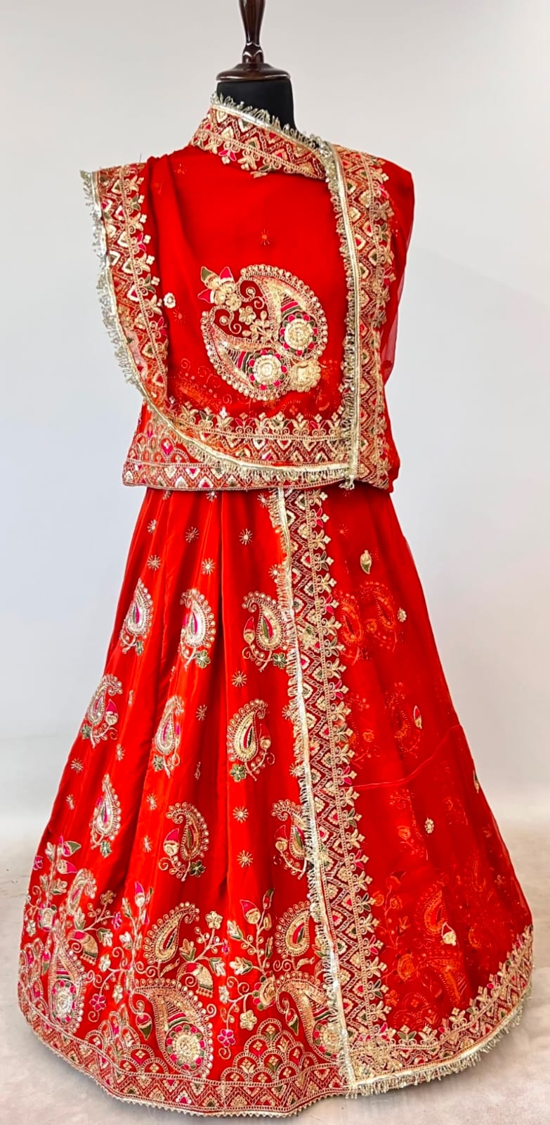 Red Pure Gold Crush 05 Mtr Flair Lehariya Chunni Rajasthani Rajputi Lehenga Choli
