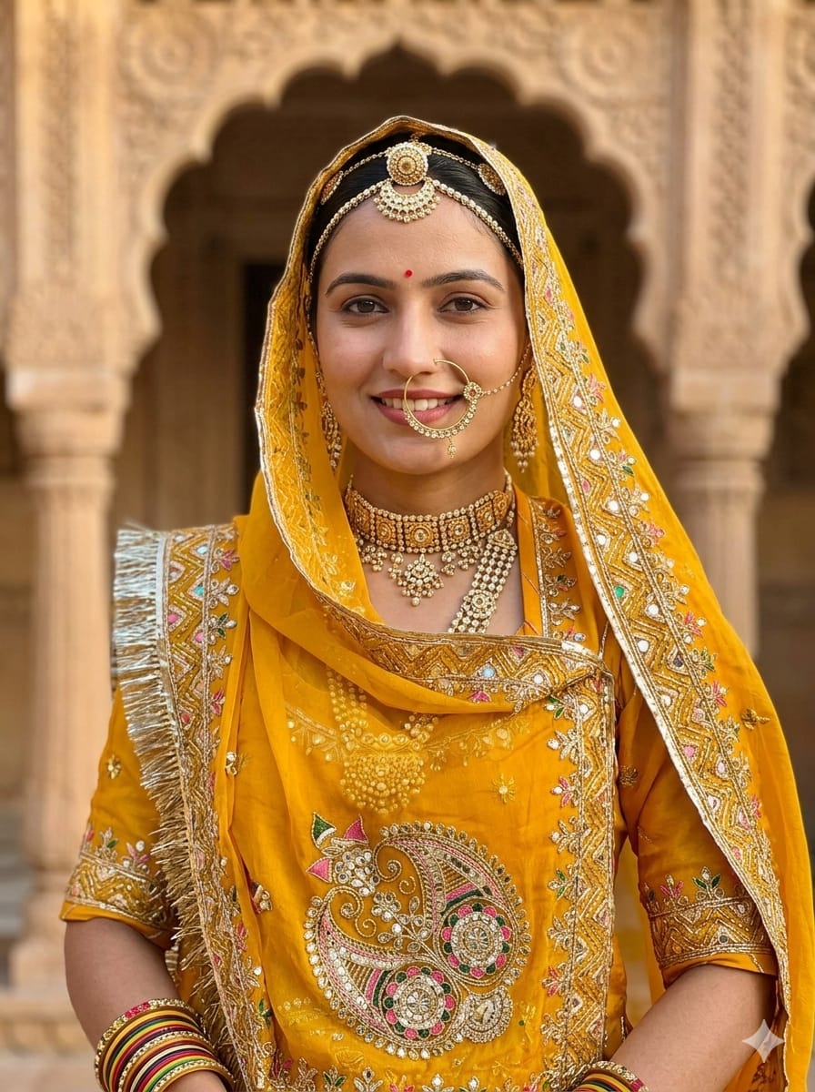 Yellow Pure Gold Crush 05 Mtr Flair Lehariya Chunni Rajasthani Rajputi Lehenga Choli