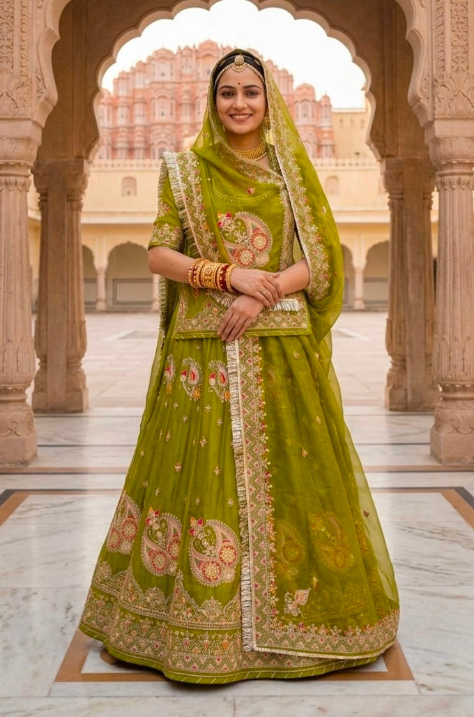 Mehandi Pure Gold Crush 05 Mtr Flair Lehariya Chunni Rajasthani Rajputi Lehenga Choli