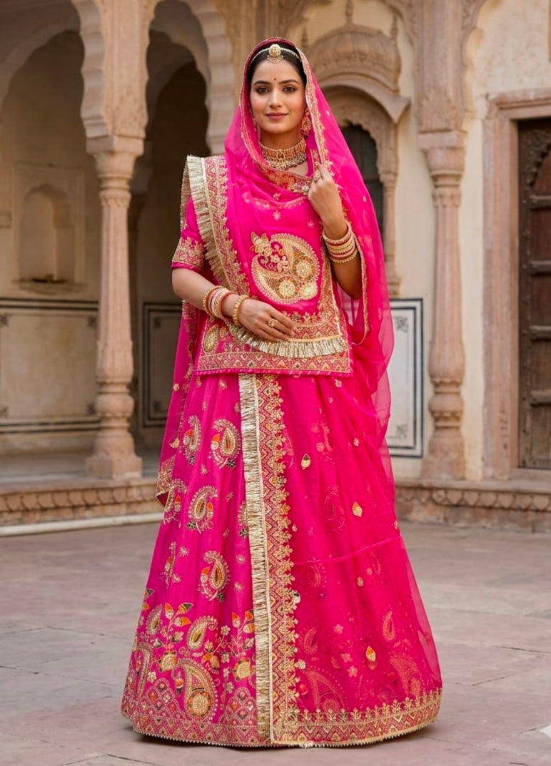 Pink Pure Gold Crush 05 Mtr Flair Lehariya Chunni Rajasthani Rajputi Lehenga Choli