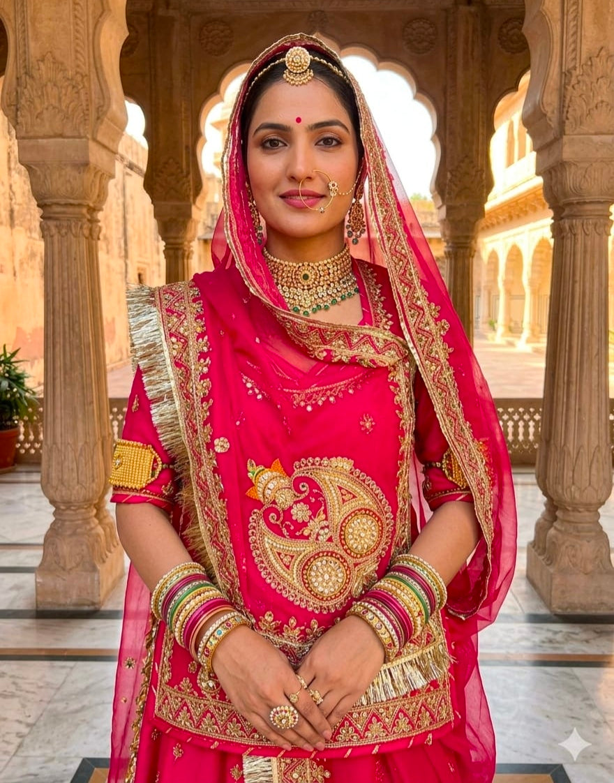 Pink Pure Gold Crush 05 Mtr Flair Lehariya Chunni Rajasthani Rajputi Lehenga Choli