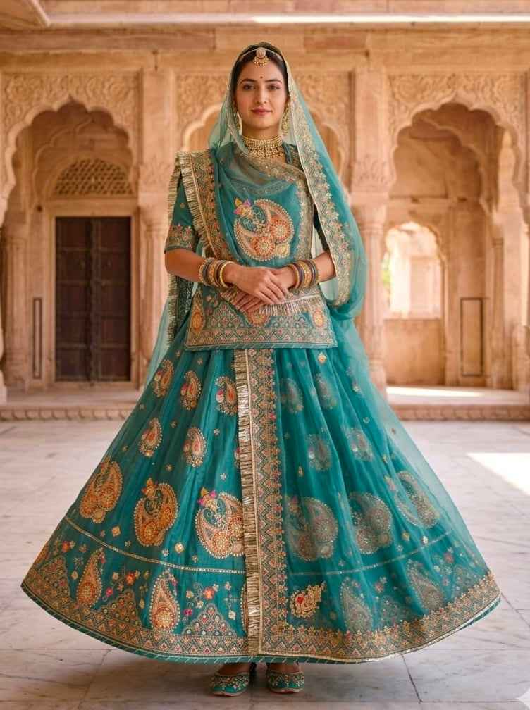 Peacock Pure Gold Crush 05 Mtr Flair Lehariya Chunni Rajasthani Rajputi Lehenga Choli