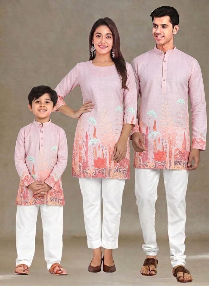 Pink Pure Daman Digital Print Midlength Mother Father Son Combo Kurta Pajama Set