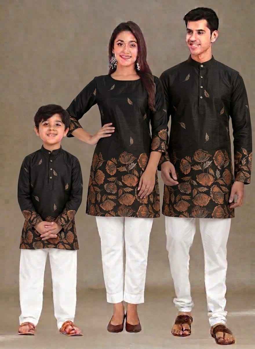 Black Pure Daman Digital Print Midlength Mother Father Son Combo Kurta Pajama Set