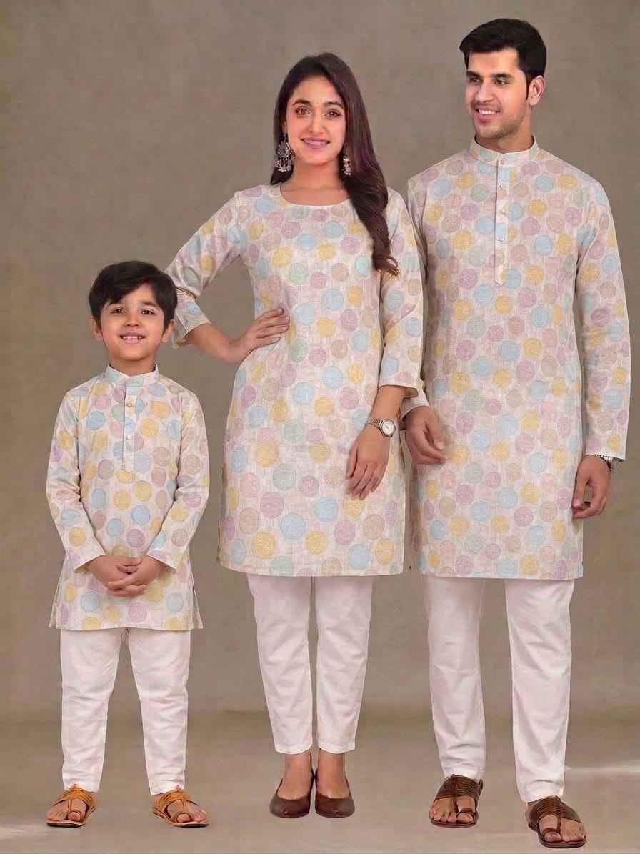 Multi Pure Daman Digital Print Midlength Mother Father Son Combo Kurta Pajama Set