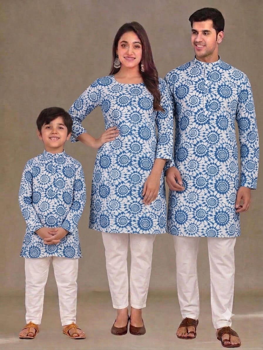 Blue Pure Daman Digital Print Midlength Mother Father Son Combo Kurta Pajama Set