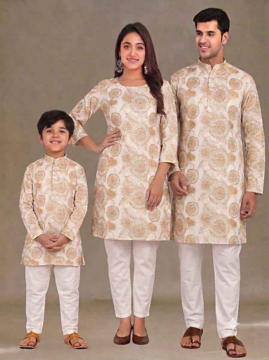 Chiku Pure Daman Digital Print Midlength Mother Father Son Combo Kurta Pajama Set