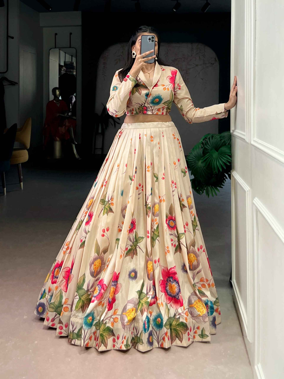 Cream Pure Tusar Silk Floral Printed Co ord Lehenga With Koti Set