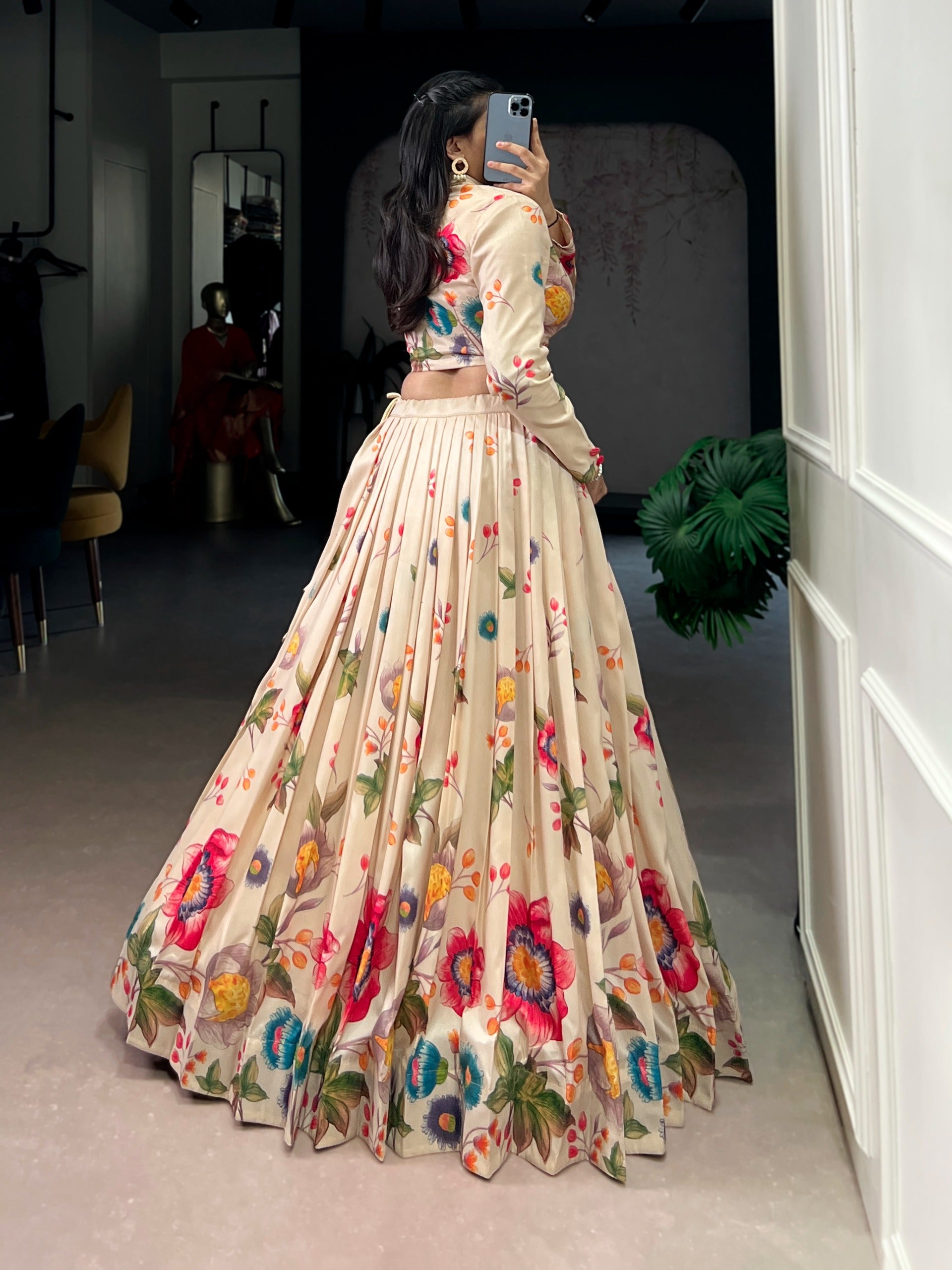 Cream Pure Tusar Silk Floral Printed Co ord Lehenga With Koti Set