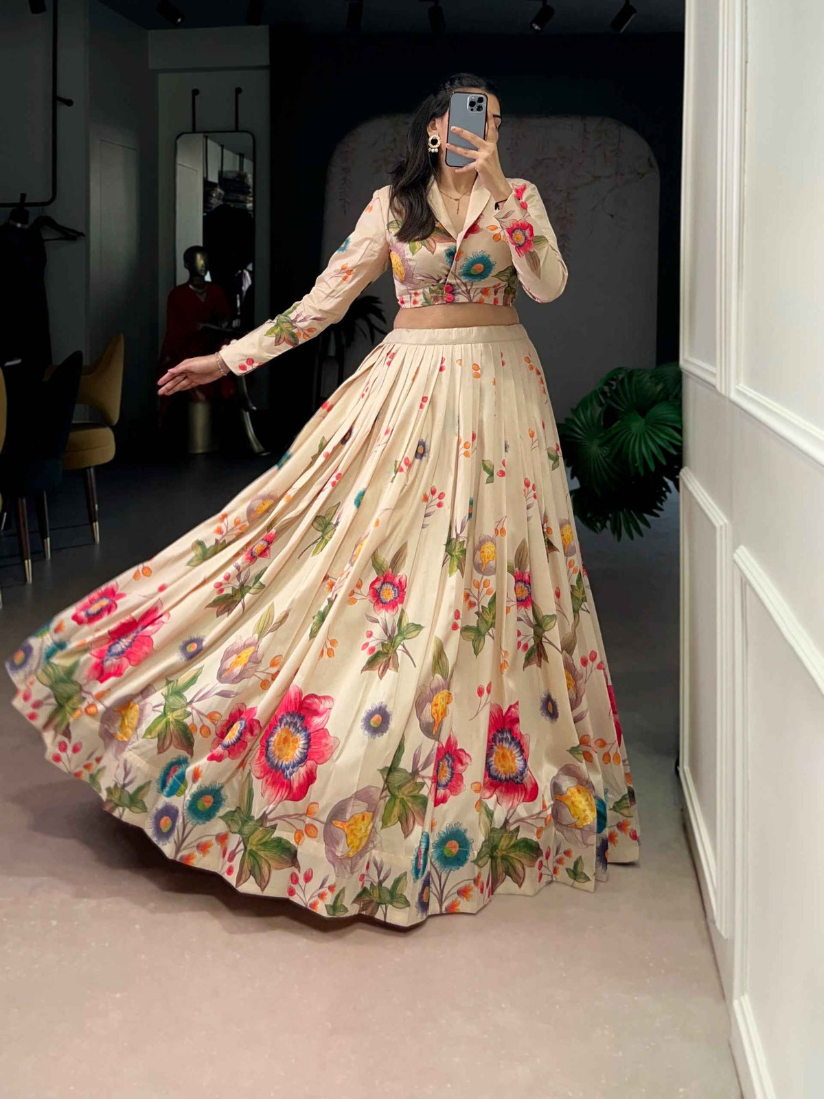 Cream Pure Tusar Silk Floral Printed Co ord Lehenga With Koti Set
