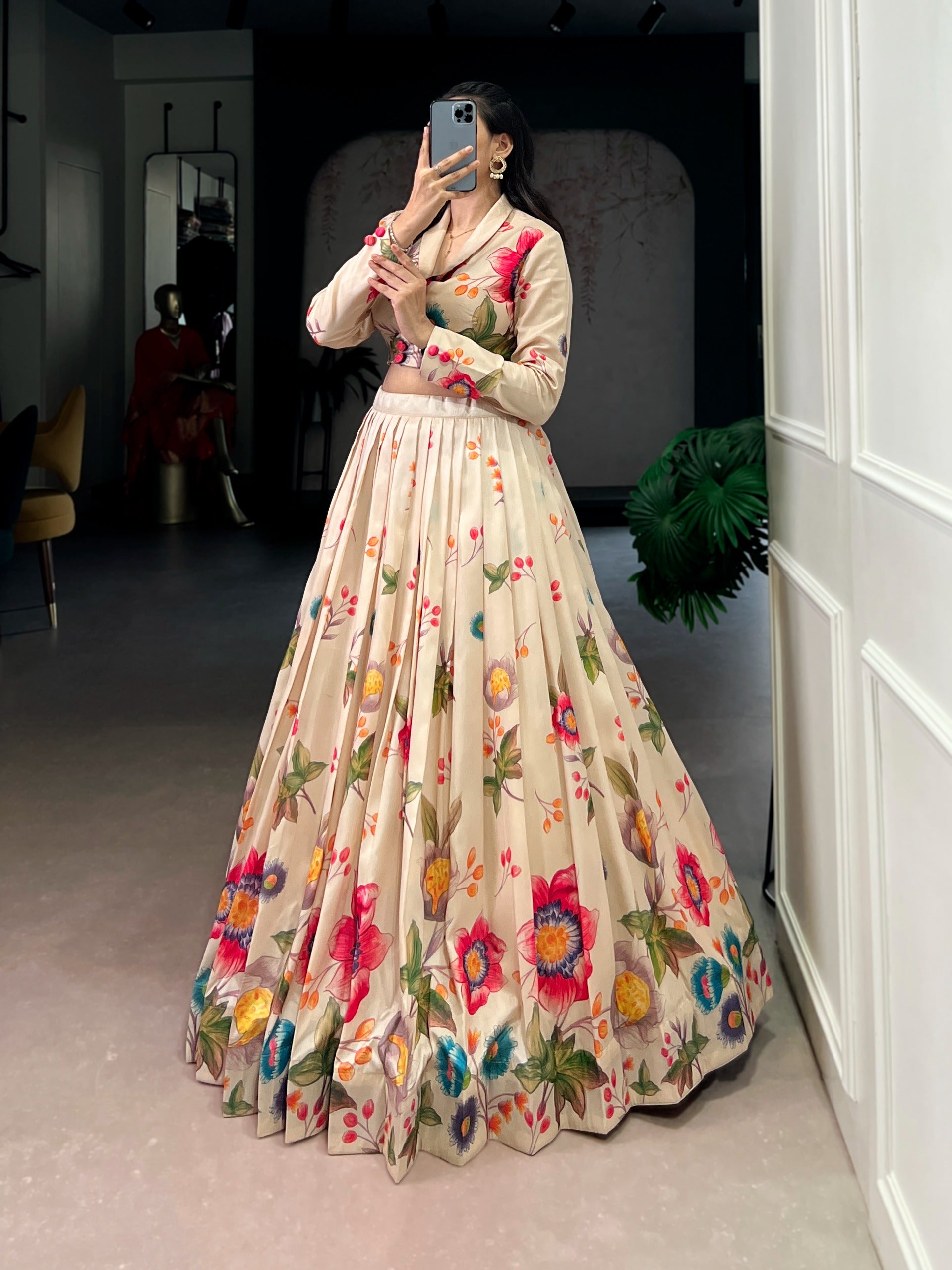 Cream Pure Tusar Silk Floral Printed Co ord Lehenga With Koti Set