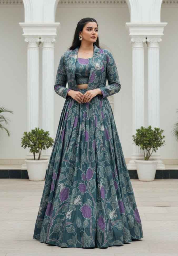 Grey Pure Tusar Silk Printed Co ord Lehenga With Koti Set