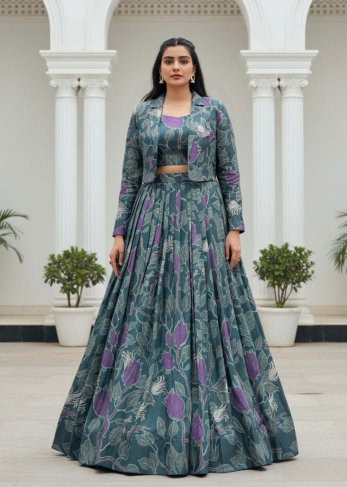 Grey Pure Tusar Silk Printed Co ord Lehenga With Koti Set