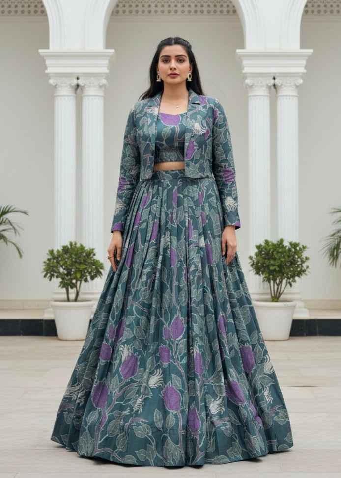 Grey Pure Tusar Silk Printed Co ord Lehenga With Koti Set