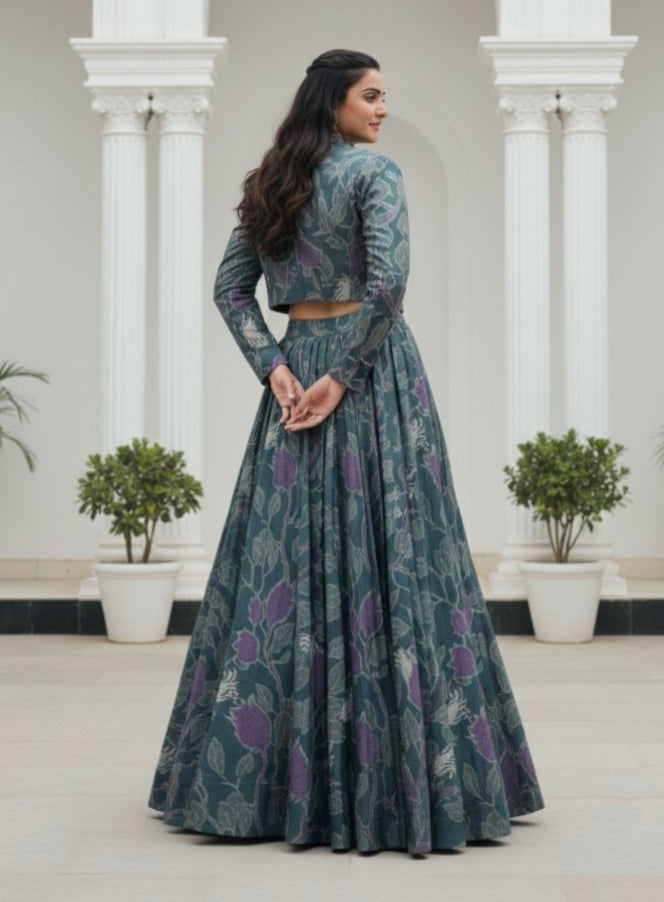 Grey Pure Tusar Silk Printed Co ord Lehenga With Koti Set