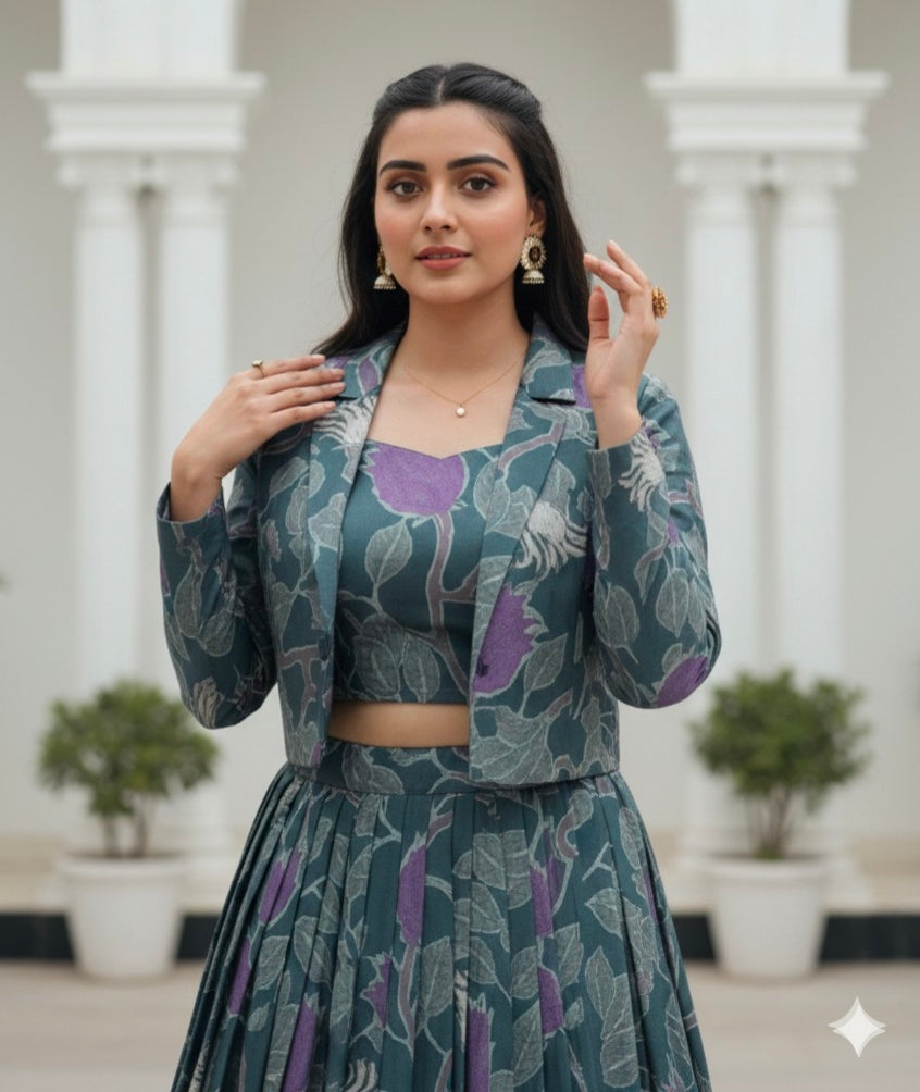 Grey Pure Tusar Silk Printed Co ord Lehenga With Koti Set