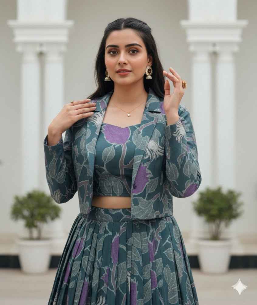 Grey Pure Tusar Silk Printed Co ord Lehenga With Koti Set