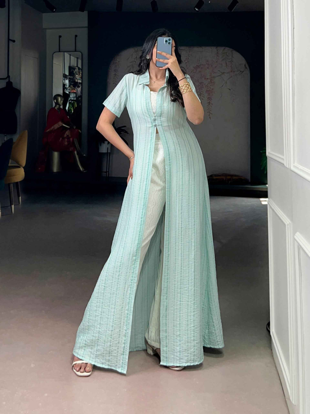 Sky Pure Orchid Plain Work Long Kurti with Wooden Indo Western Set